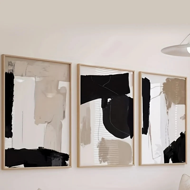 3er Set Abstrakte Wandkunst in Schwarz-Beige
