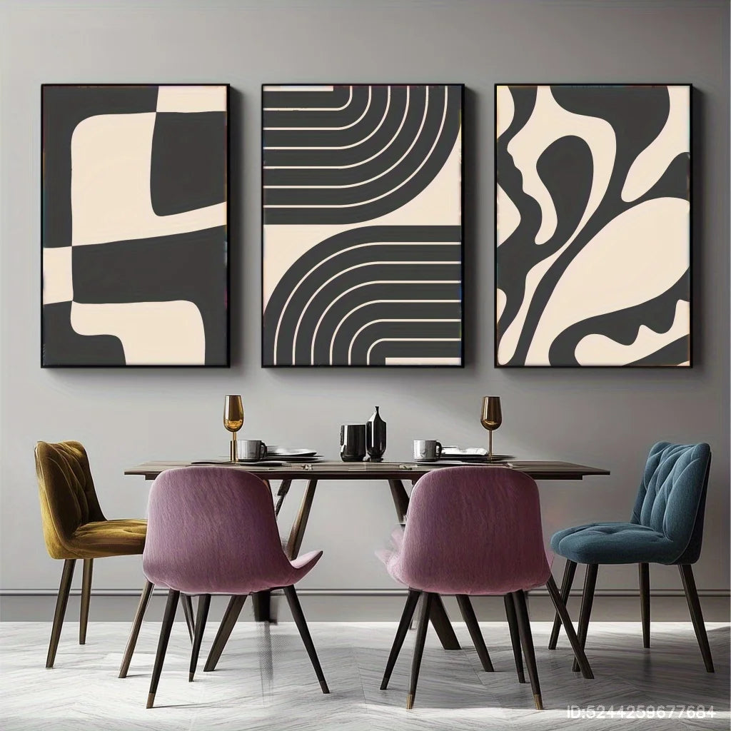 3er Set Gerahmte Mid-Century Wandkunst,