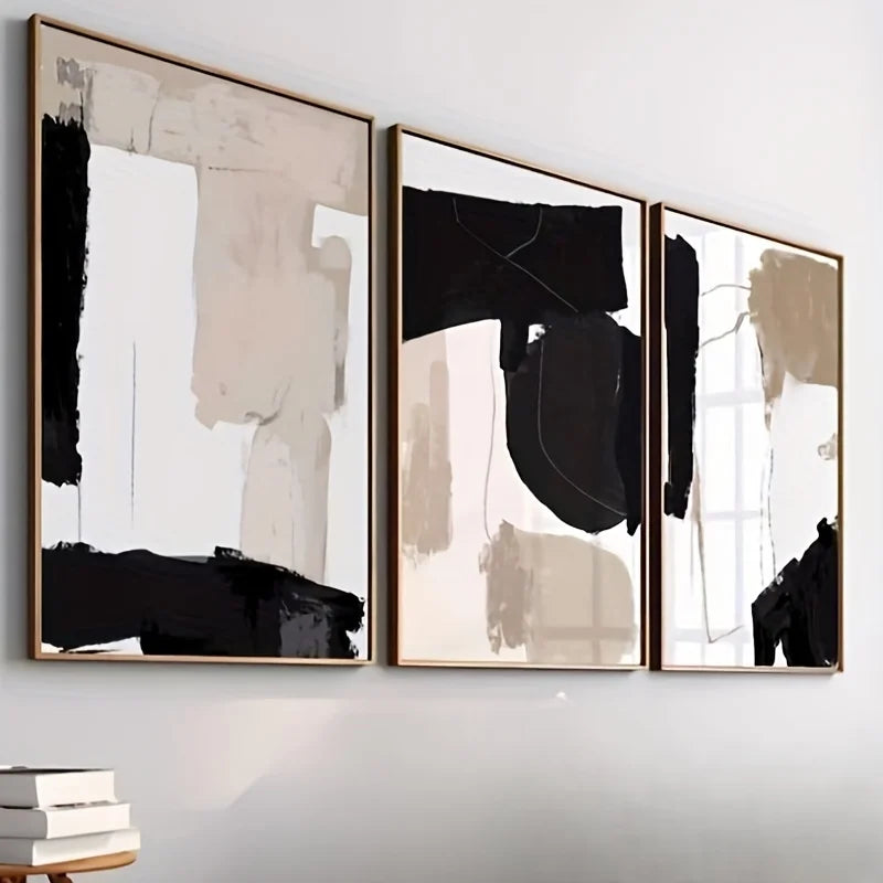 3er Set Abstrakte Wandkunst in Schwarz-Beige