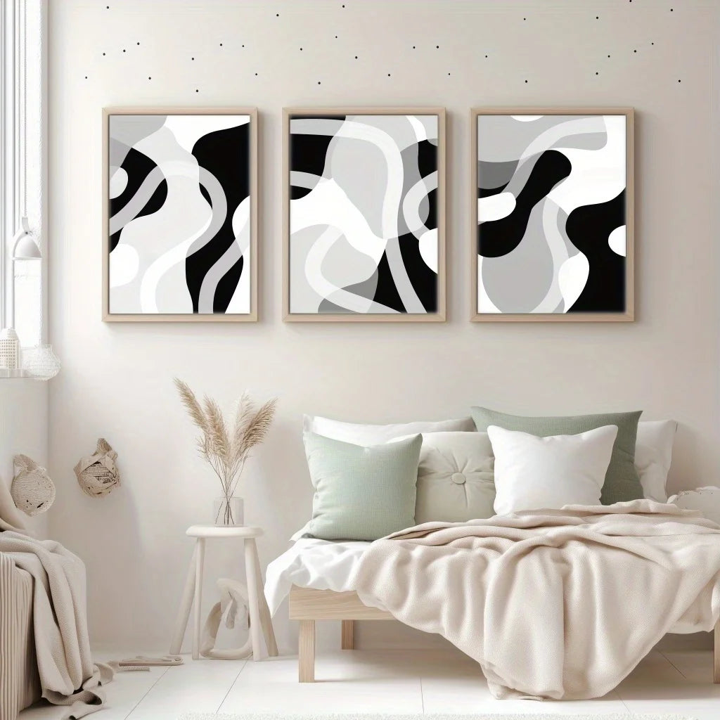3er Set Minimalistische Geometrische Leinwandkunst mit Holzrahmen