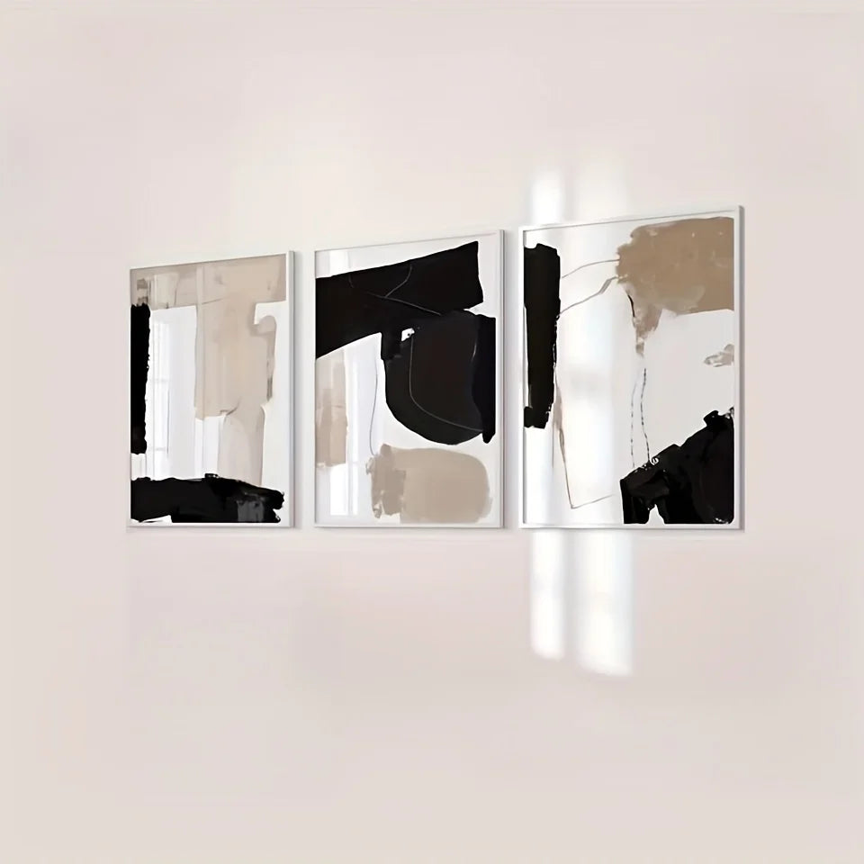 3er Set Abstrakte Wandkunst in Schwarz-Beige