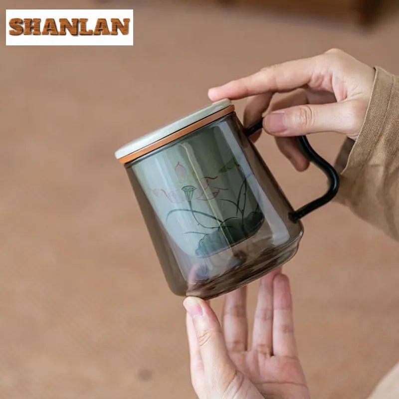 Handgemalte 285 ml Lotus - Tasse: Tee - Trennbecher & Glas - Teeschale mit Deckel für das Büro - ApolettaApoletta