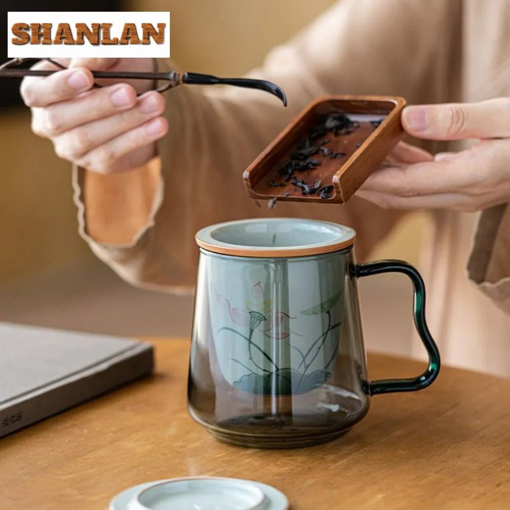 Handgemalte 285 ml Lotus - Tasse: Tee - Trennbecher & Glas - Teeschale mit Deckel für das Büro - ApolettaApoletta