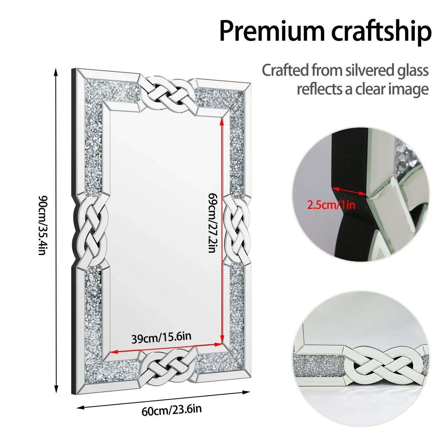 Kristall - Crush - Diamantspiegel – Luxuriöser Wandspiegel in Silber (90 - 120 cm) - ApolettaApoletta