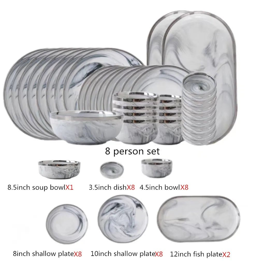 Keramikteller mit Silberrand: Marmor - Design für Steak, Schüsseln & Familien - Dinner - ApolettaApoletta