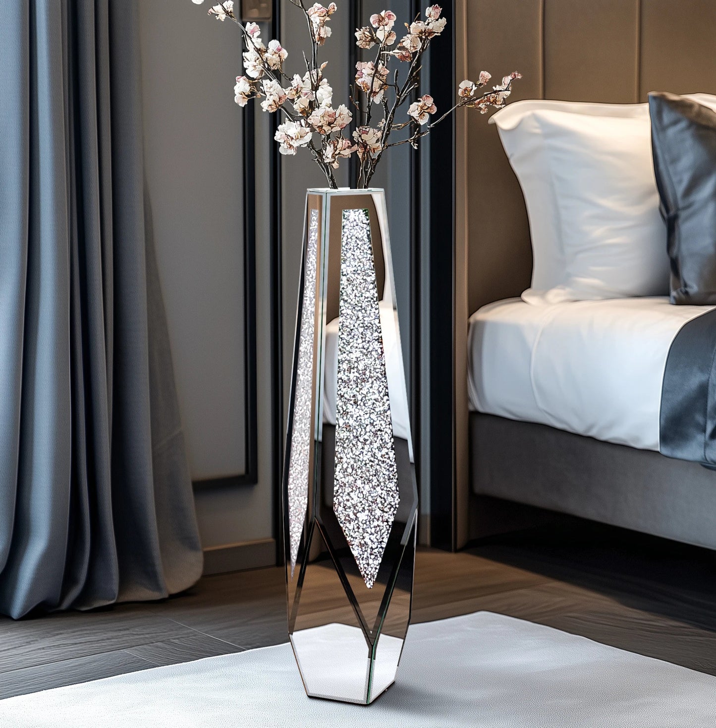 Hohe Bodenvase: Große verspiegelte Vase mit Diamant - Effekt für Heimdekoration - ApolettaApoletta
