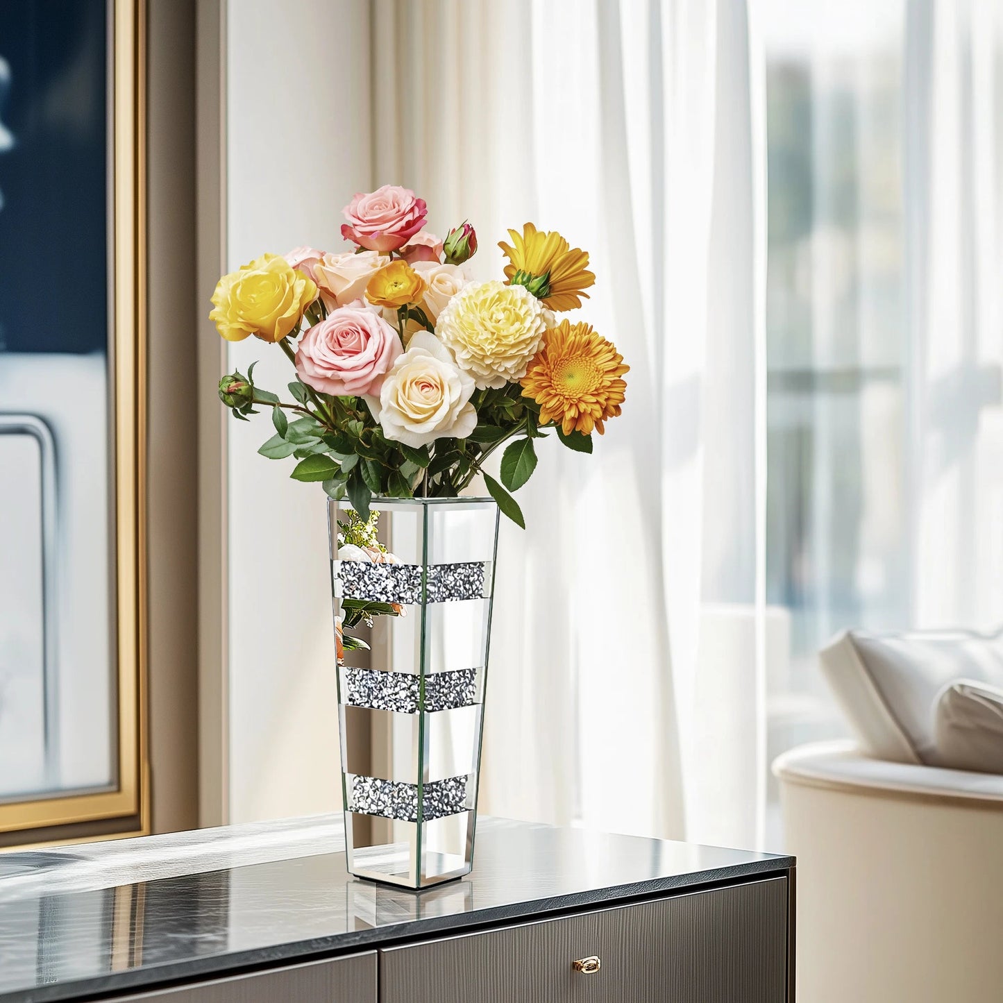 Hohe Bodenvase: Große verspiegelte Vase mit Diamant - Effekt für Heimdekoration - ApolettaApoletta