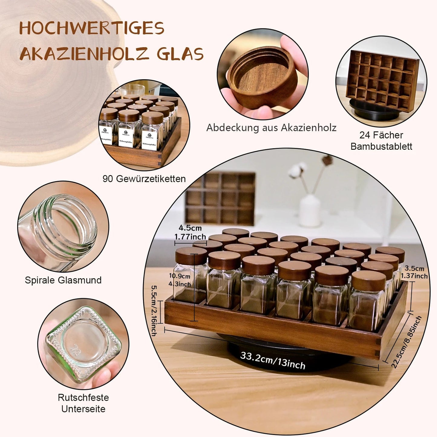 Gewürzregal aus Akazienholz mit 12/24 Gläsern - ApolettaApoletta