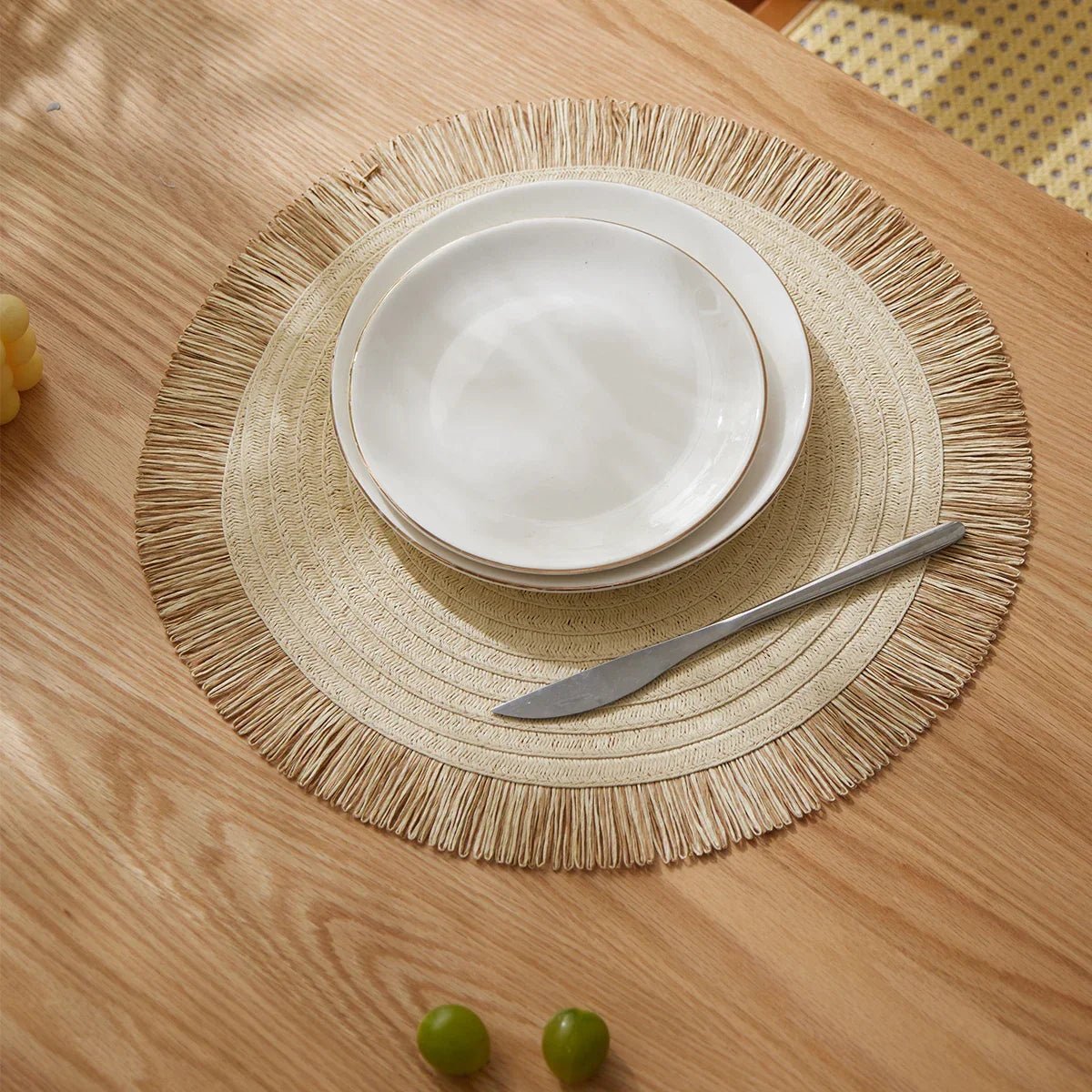 Nordic Tischsets: Beige Papier - Geflecht, rutschfest & rund für Küche und Wohnkultur - ApolettaApoletta
