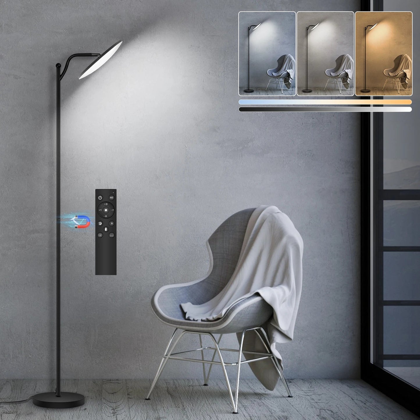 Dimmbare LED - Stehlampe (32W): 183 cm, verstellbares Leselicht & Speicherfunktion in Schwarz - ApolettaApoletta