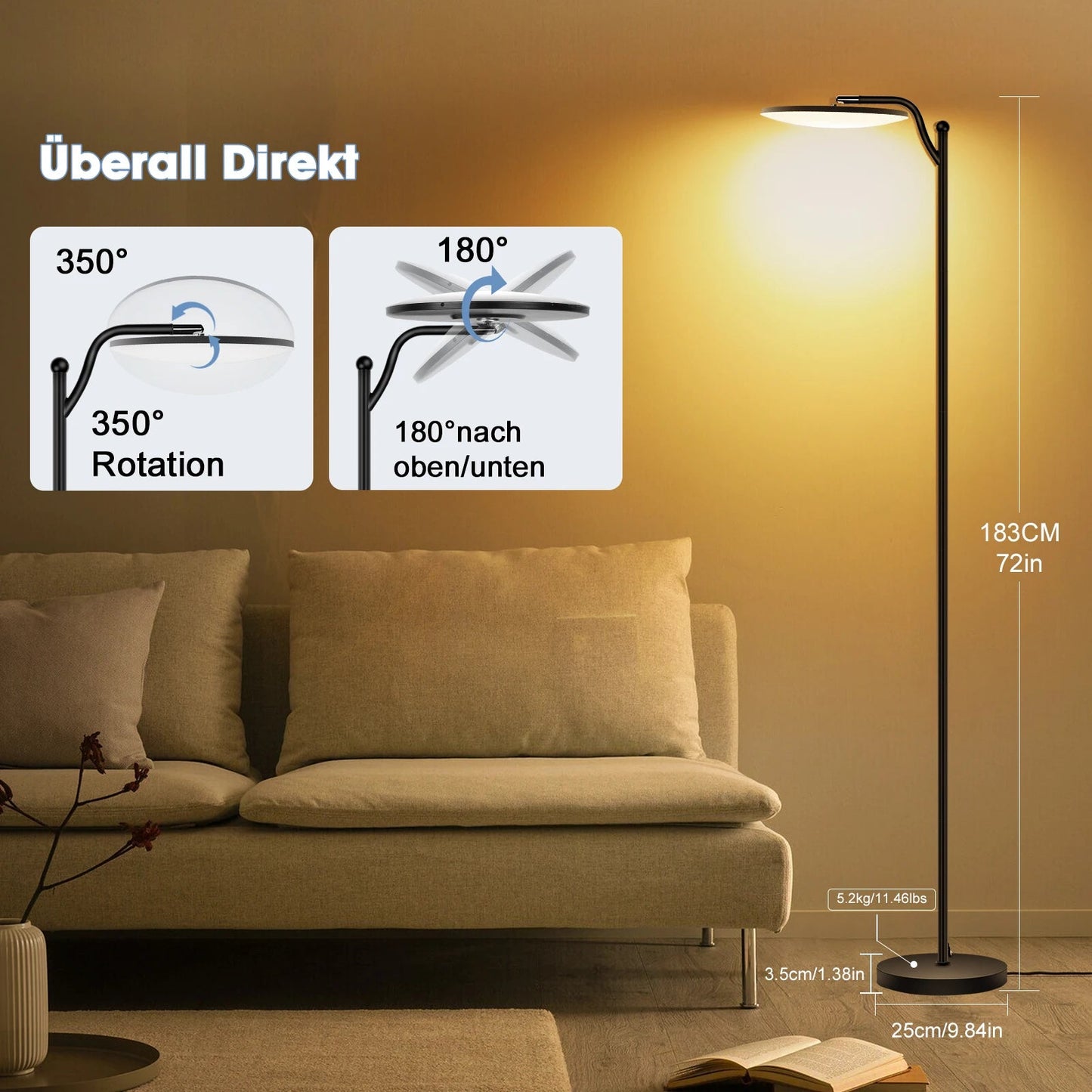 Dimmbare LED - Stehlampe (32W): 183 cm, verstellbares Leselicht & Speicherfunktion in Schwarz - ApolettaApoletta