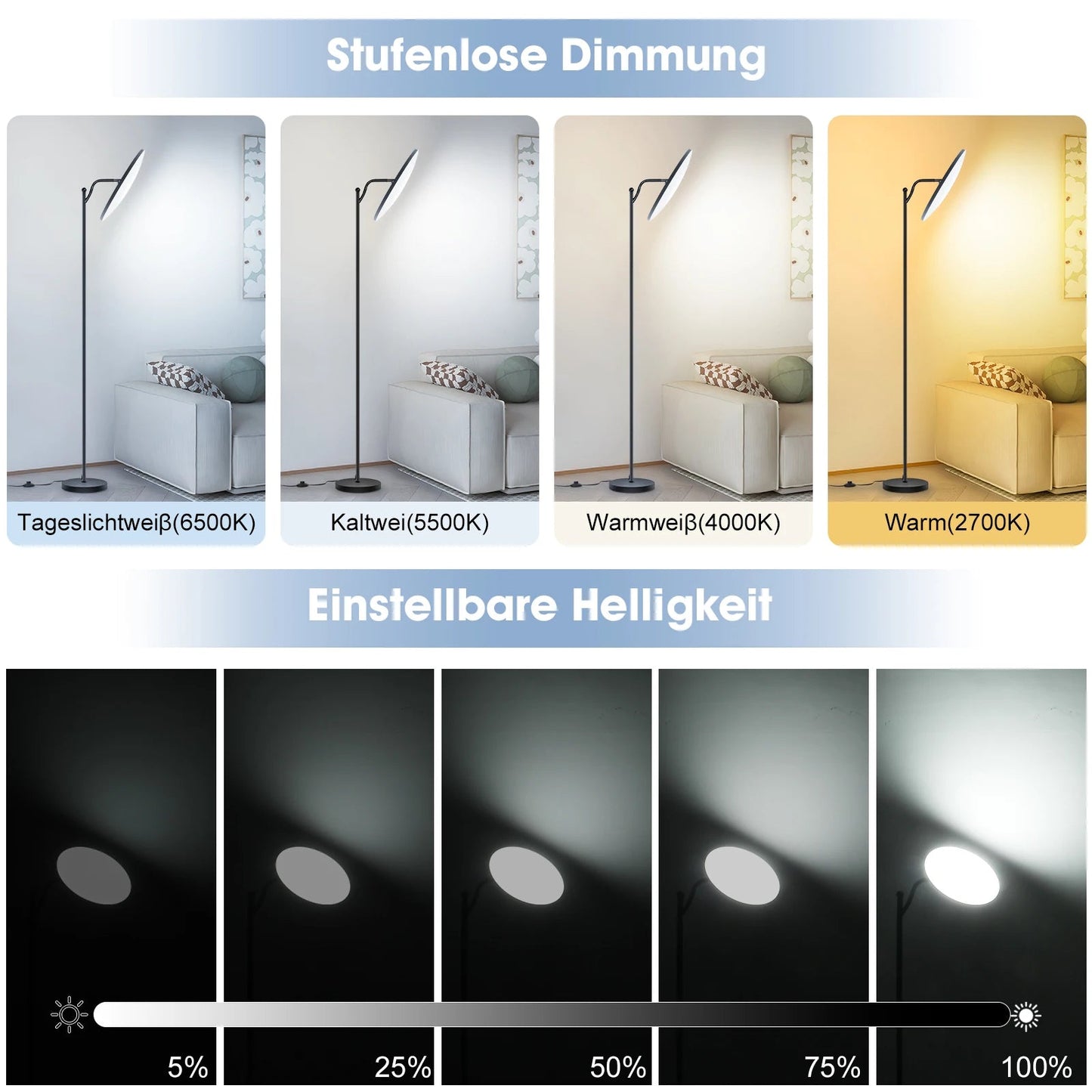 Dimmbare LED - Stehlampe (32W): 183 cm, verstellbares Leselicht & Speicherfunktion in Schwarz - ApolettaApoletta