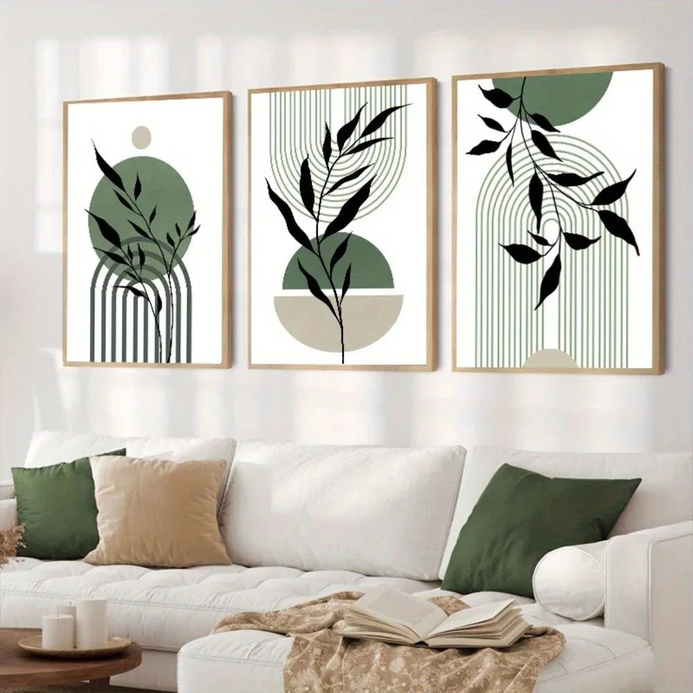 Salbeigrün Boho Wandkunst (3er - Set): Abstrakte Mid - Century Poster für Wohn - und Schlafzimmer - ApolettaApoletta