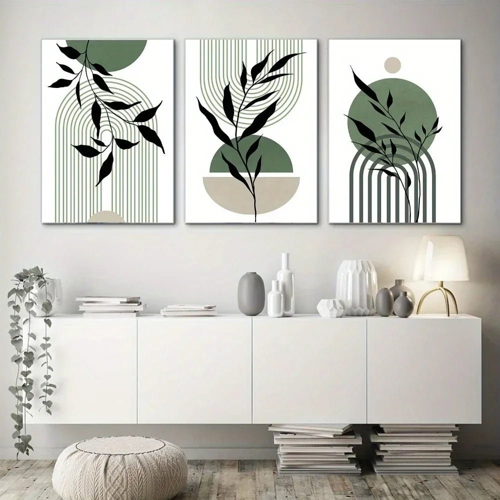 Salbeigrün Boho Wandkunst (3er - Set): Abstrakte Mid - Century Poster für Wohn - und Schlafzimmer - ApolettaApoletta
