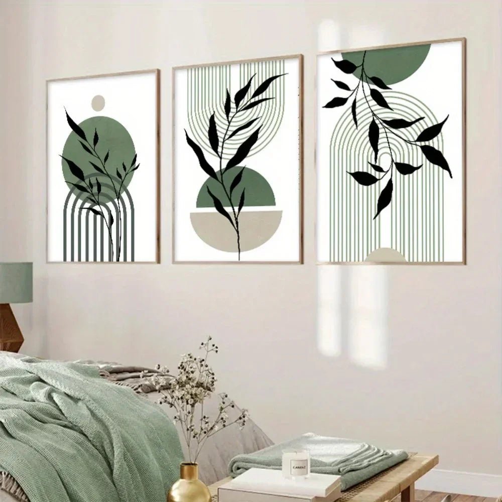 Salbeigrün Boho Wandkunst (3er - Set): Abstrakte Mid - Century Poster für Wohn - und Schlafzimmer - ApolettaApoletta