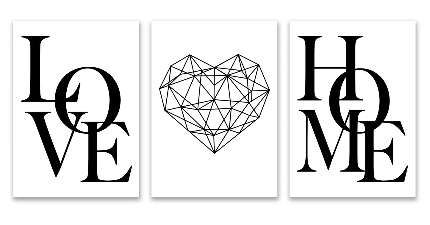 3er - Set Leinwanddrucke: Liebe, Diamant Herz & Schrift in Schwarz - Weiß für moderne Wohnkultur - ApolettaApoletta