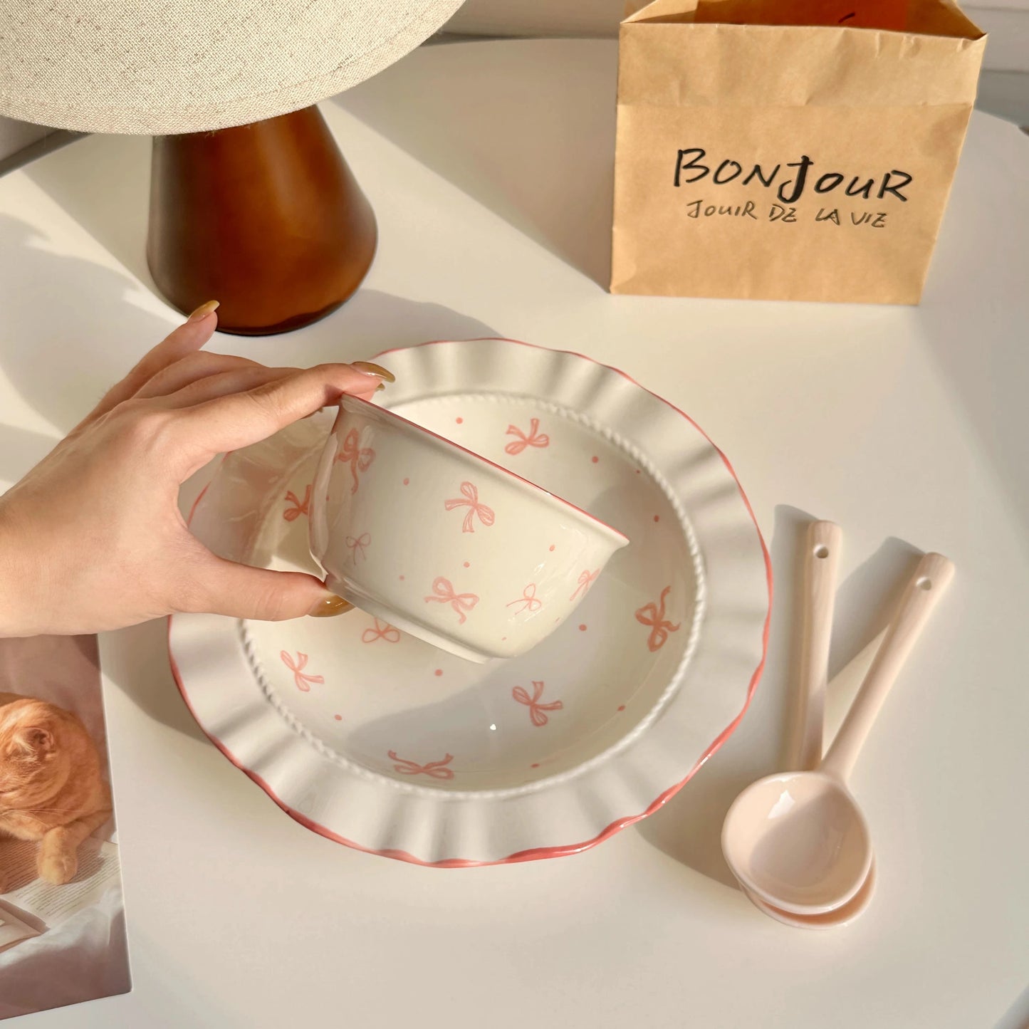 Keramik - Set mit Schleife (6 - teilig): Niedliche Schüssel & Teller für den täglichen Gebrauch - ApolettaApoletta