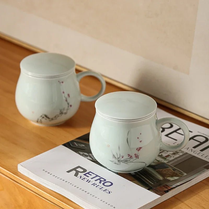 Keramiktasse: Handbemalte Teetasse mit Deckel, Sieb & Trennfunktion - ApolettaApoletta
