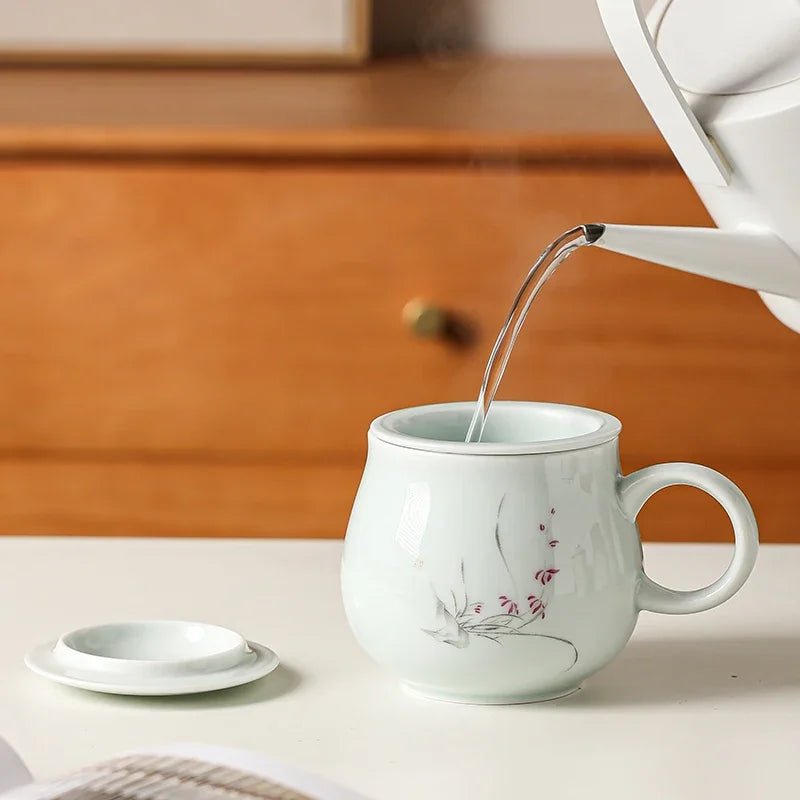 Keramiktasse: Handbemalte Teetasse mit Deckel, Sieb & Trennfunktion - ApolettaApoletta