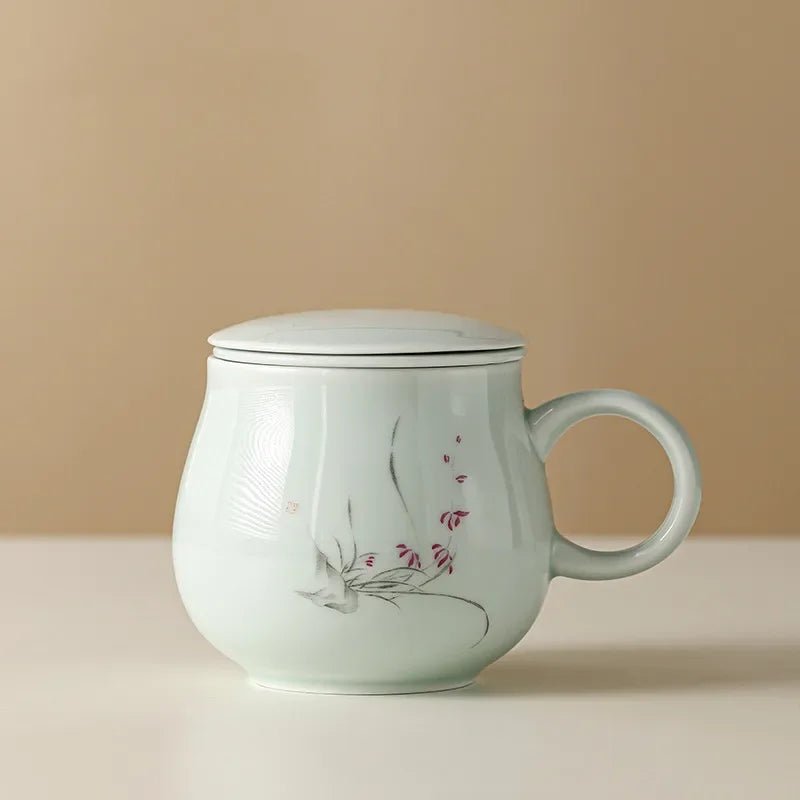 Keramiktasse: Handbemalte Teetasse mit Deckel, Sieb & Trennfunktion - ApolettaApoletta