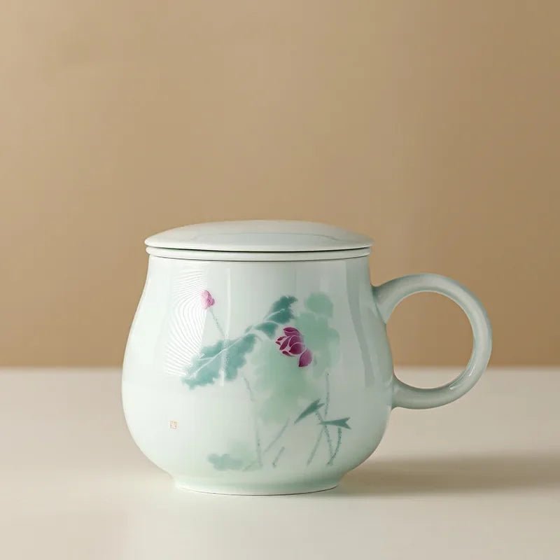 Keramiktasse: Handbemalte Teetasse mit Deckel, Sieb & Trennfunktion - ApolettaApoletta