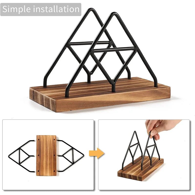 Dreieckiger Serviettenhalter: Freistehender, eleganter Spender aus Holz und Eisen - ApolettaApoletta