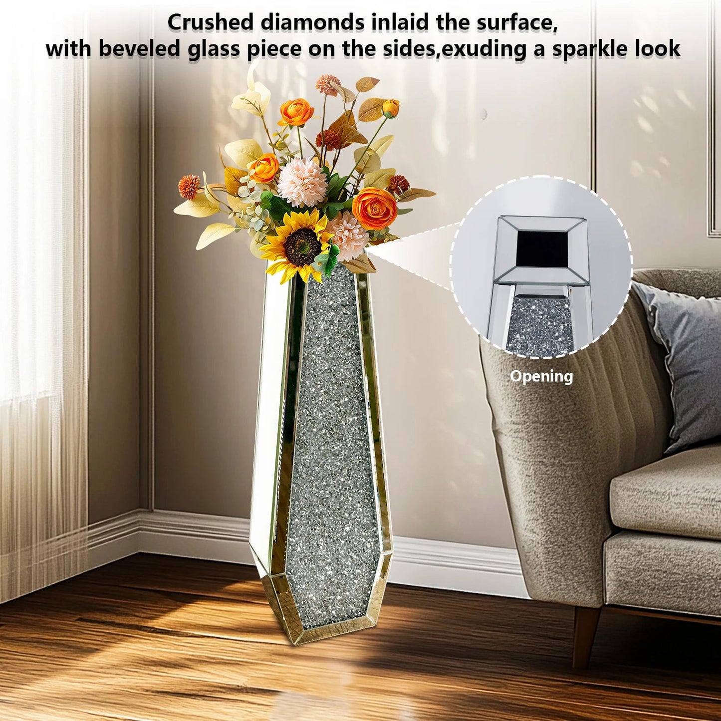 Verspiegelte Bodenvase: 2 Formen, Diamant - Effekt & 68 cm Höhe für Blumen & Pampasgras - ApolettaApoletta