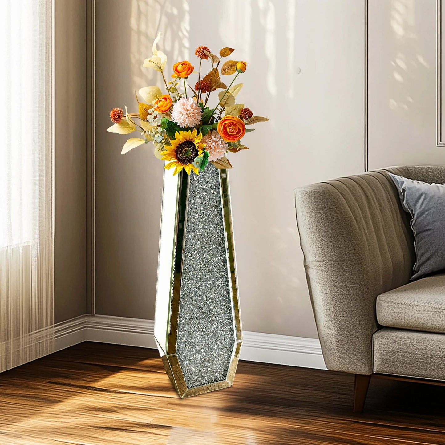 Verspiegelte Bodenvase: 2 Formen, Diamant - Effekt & 68 cm Höhe für Blumen & Pampasgras - ApolettaApoletta