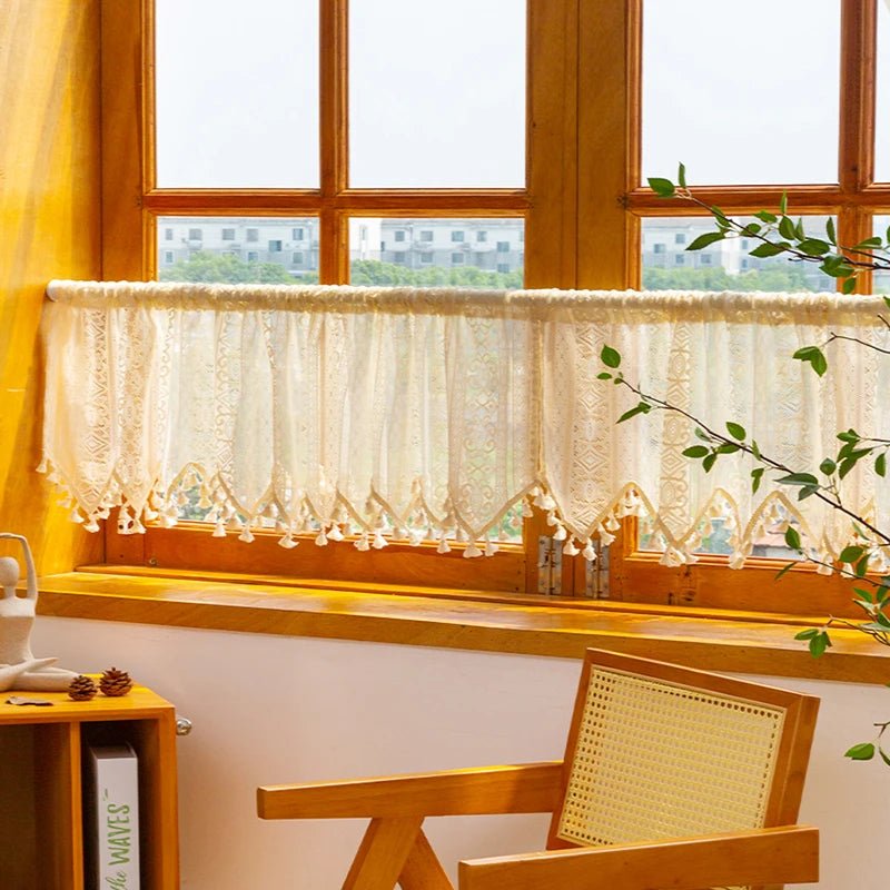 Beige gestreifter Vorhang: Hängender Kurzvorhang mit Stangentasche für Küche, Wohnzimmer & Schlafzimmer - ApolettaApoletta