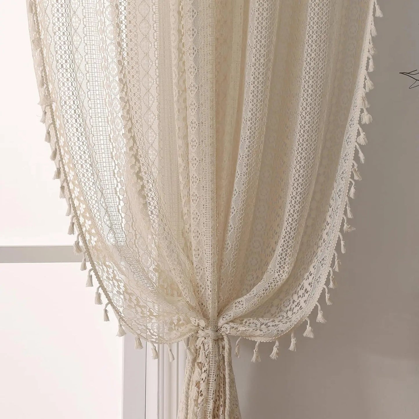 Japanische Boho - Tüll - Vorhänge: Vintage - Stil mit Quasten für Wohnzimmer und Fenster - ApolettaApoletta