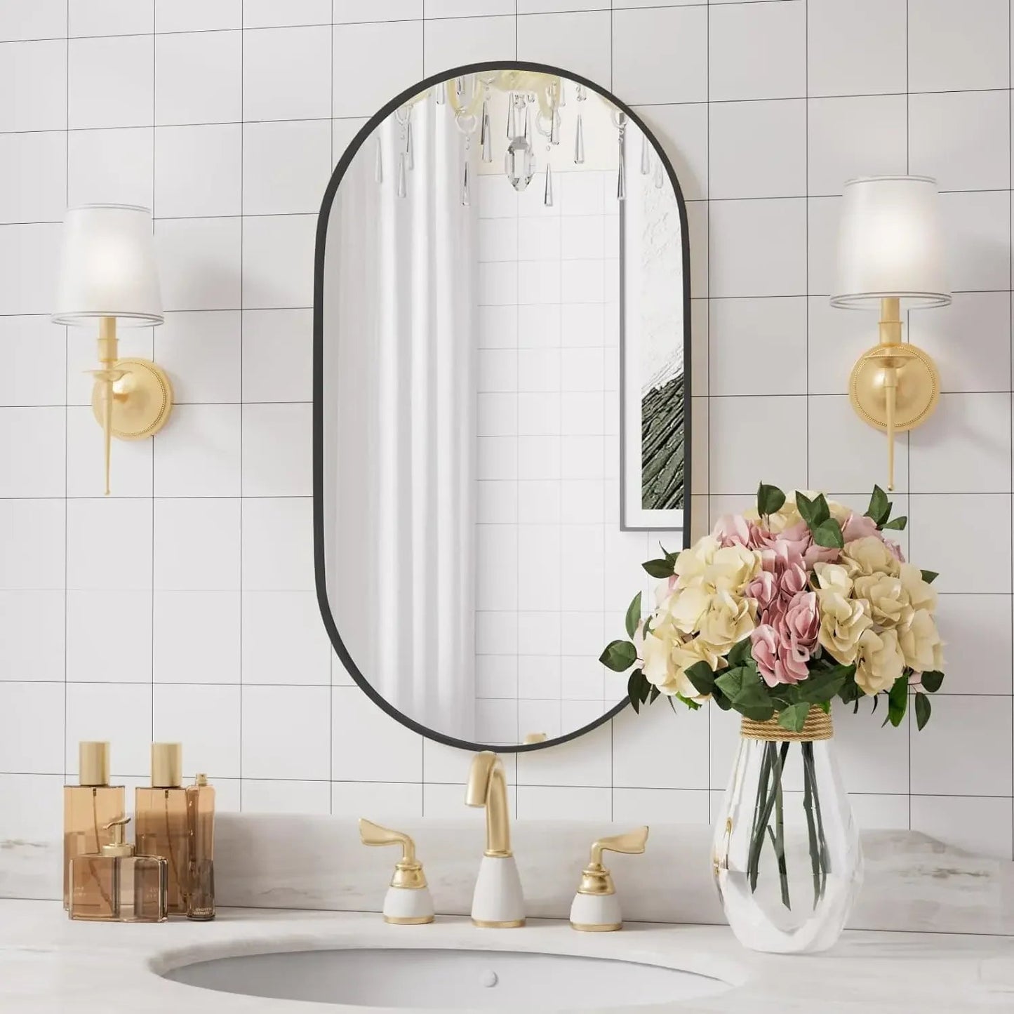 Ovaler Wandspiegel: 50x100 cm, schwarzer Metallrahmen für Wohnzimmer & Bad - ApolettaApoletta