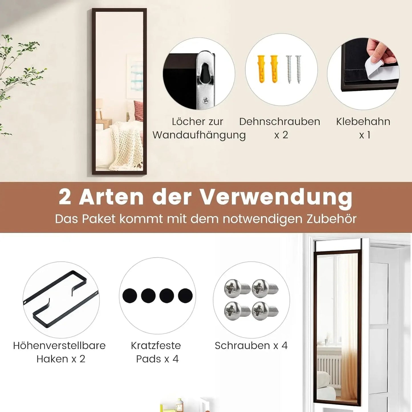Wand - Ganzkörperspiegel: 107x36,5 cm mit höhenverstellbaren Haken & unzerbrechlich - ApolettaApoletta