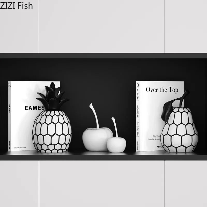 Schwarz - weiß gestreifte Apfel - /Ananas - Statue: Minimalistische Harz - Skulptur für Schreibtisch - Dekoration - ApolettaApoletta