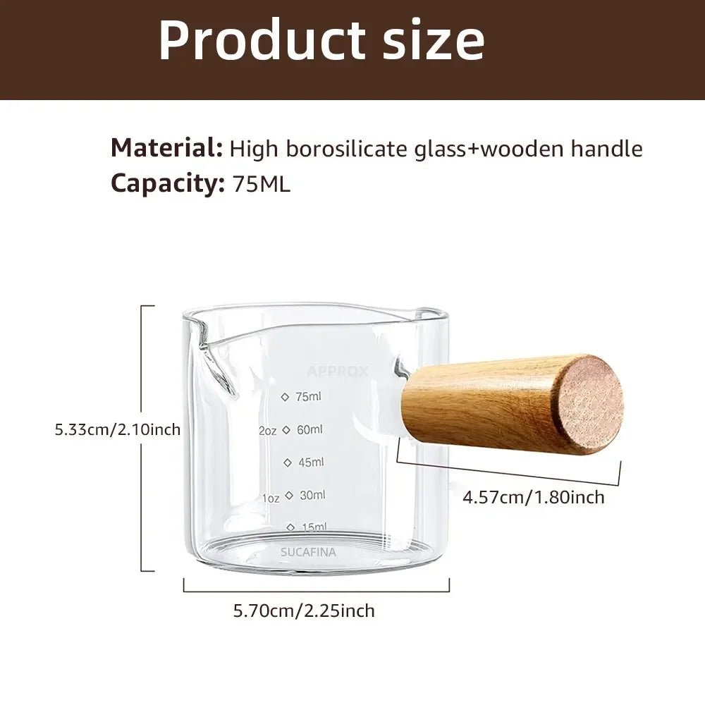 Glas - Messbecher: 1pc mit Holzgriff, Doppel - Ausguss & Klar - Glas für Kaffee und Espresso - ApolettaApoletta