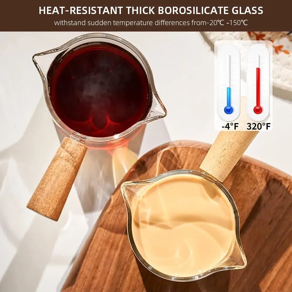Glas - Messbecher: 1pc mit Holzgriff, Doppel - Ausguss & Klar - Glas für Kaffee und Espresso - ApolettaApoletta