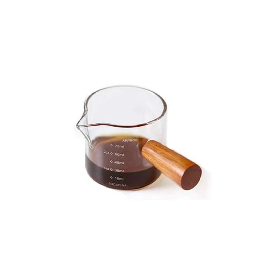 Glas - Messbecher: 1pc mit Holzgriff, Doppel - Ausguss & Klar - Glas für Kaffee und Espresso - ApolettaApoletta