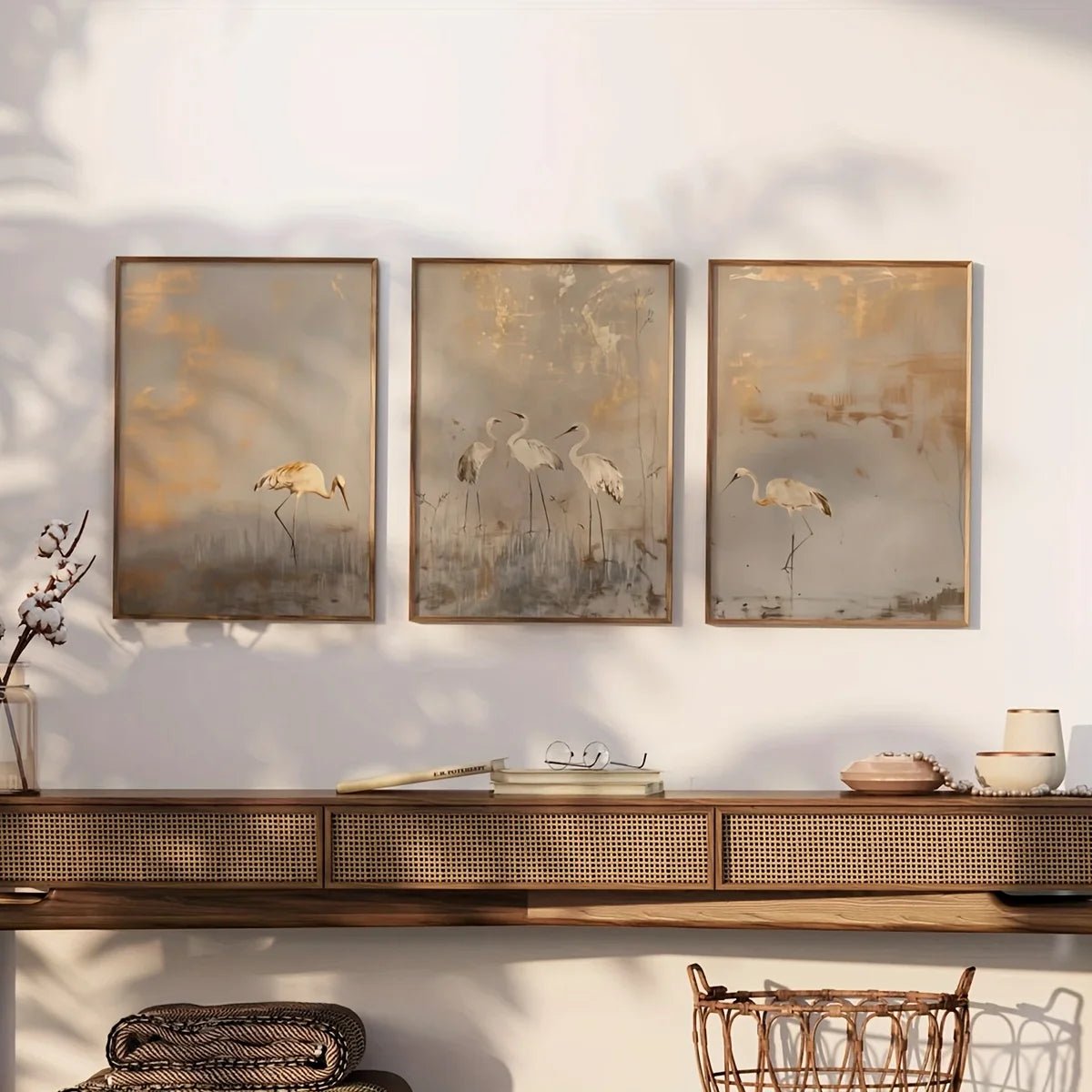 3 - teiliges Leinwand - Set: Abstrakte Landschaft in Beige & Gold - ApolettaApoletta