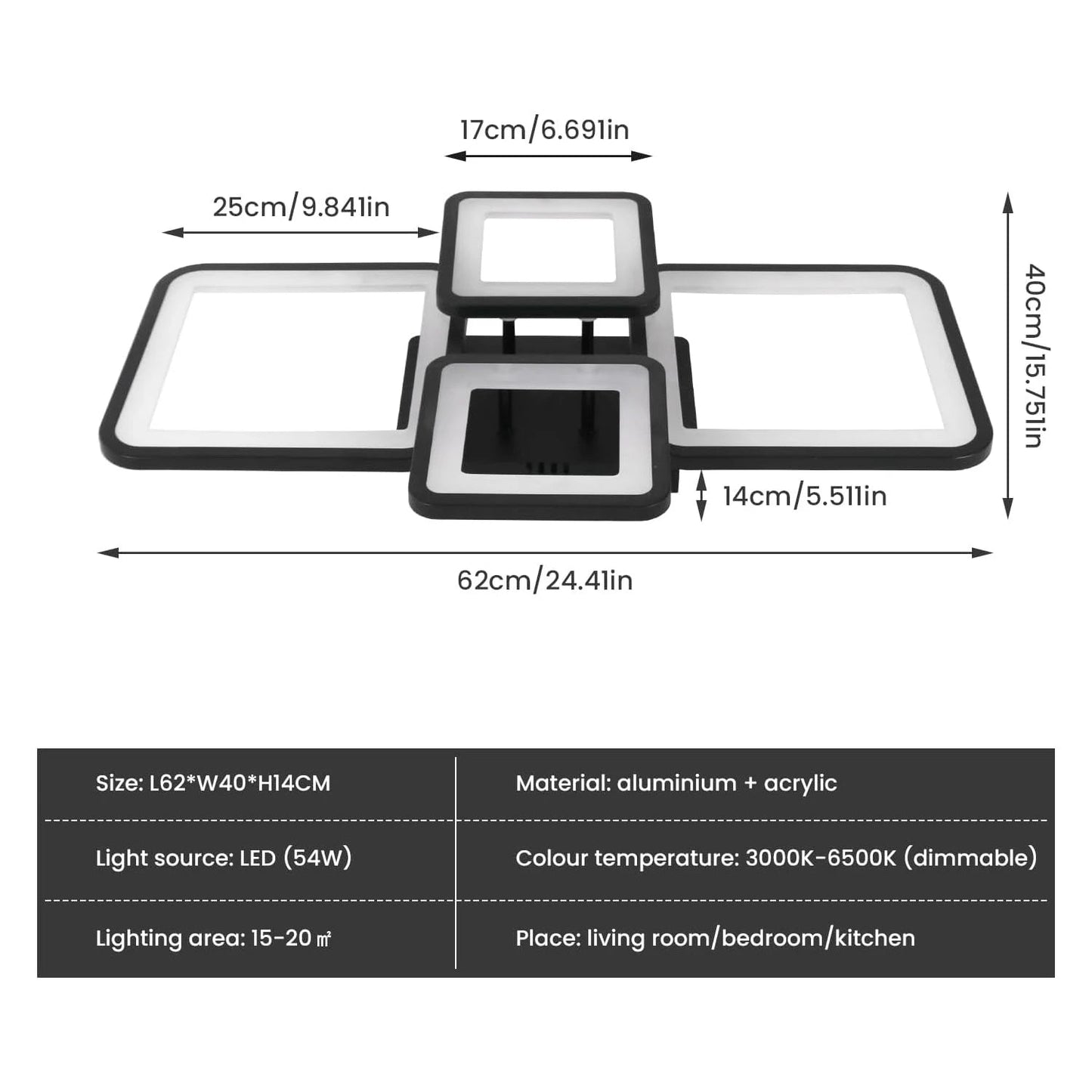 Moderne dimmbare LED - Deckenleuchte: Kreatives rechteckiges Design mit 54W & Fernbedienung - ApolettaApoletta