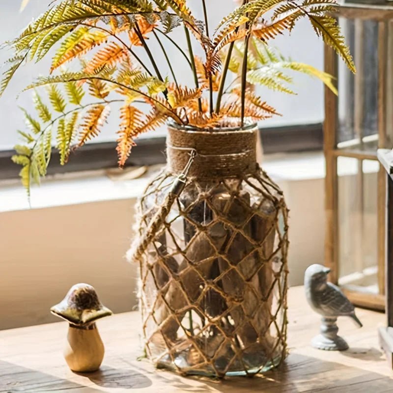 Retro - Glasvase mit Hanfseil: Handgewebte Hydrokultur - Vase im Landhausstil für Desktop - Deko - ApolettaApoletta