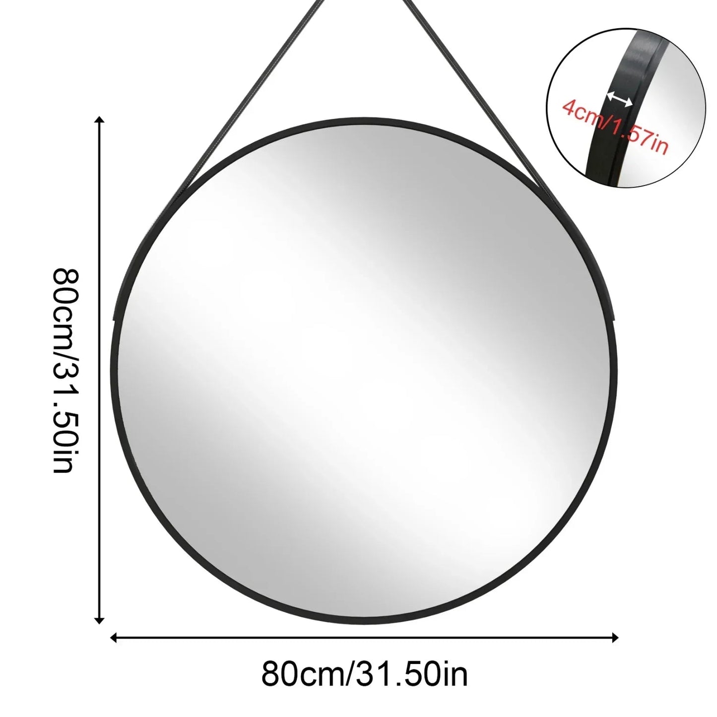 Runder Spiegel mit Lederband: 60/70/80 cm, Aluminiumrahmen & ideal für Bad und Eingang - ApolettaApoletta