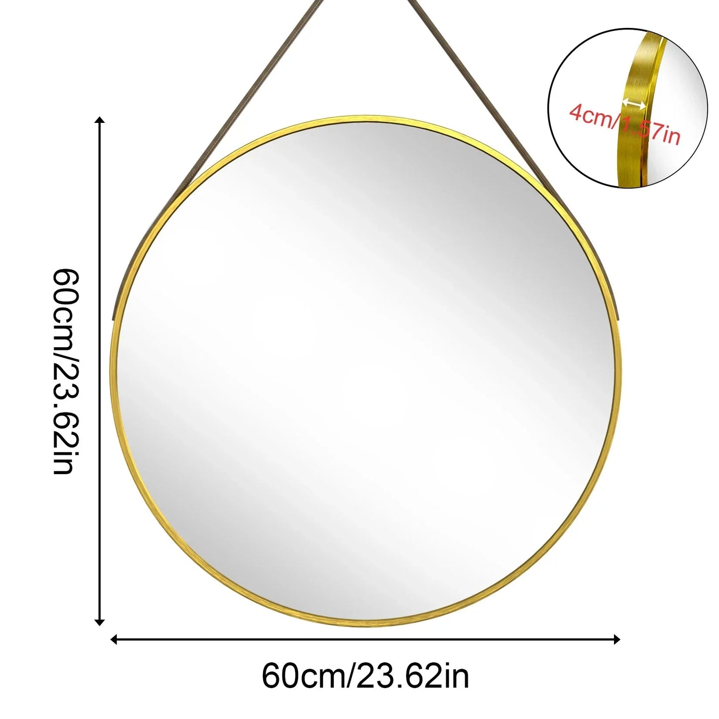 Runder Spiegel mit Lederband: 60/70/80 cm, Aluminiumrahmen & ideal für Bad und Eingang - ApolettaApoletta