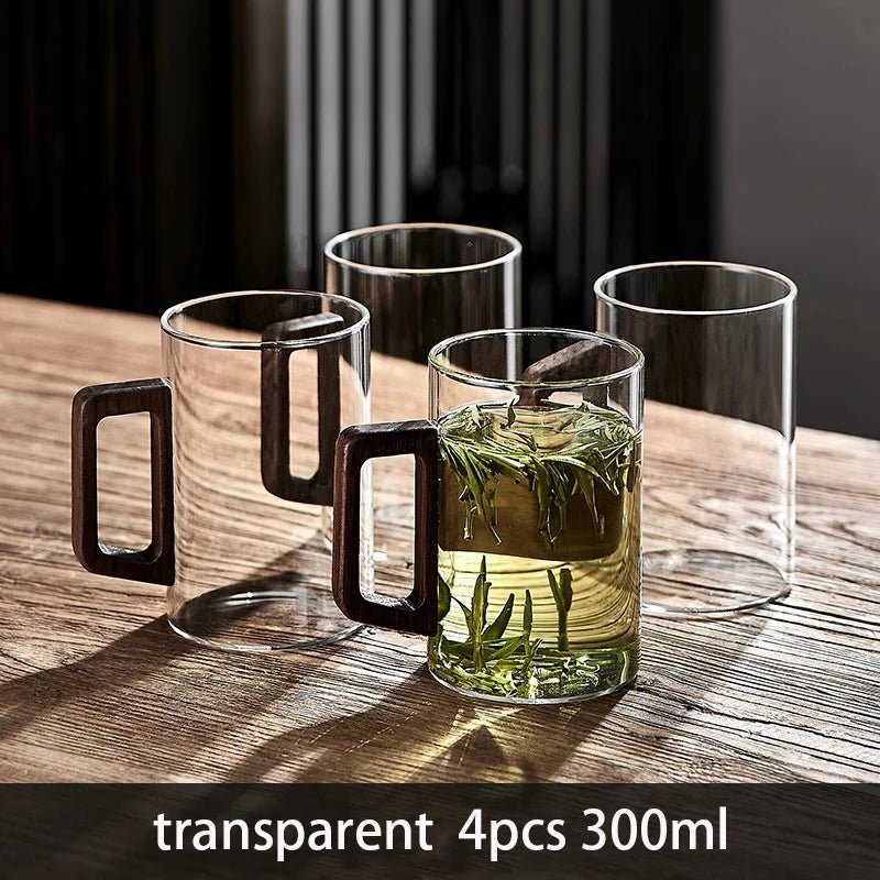 Glas - Tassen mit Walnuss - Griff: 2er - /4er - /6er - Set hitzebeständige Becher für Kaffee & Tee (300 ml) - ApolettaApoletta