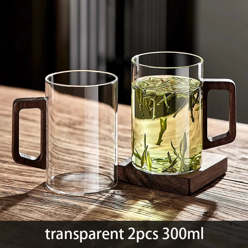 Glas - Tassen mit Walnuss - Griff: 2er - /4er - /6er - Set hitzebeständige Becher für Kaffee & Tee (300 ml) - ApolettaApoletta