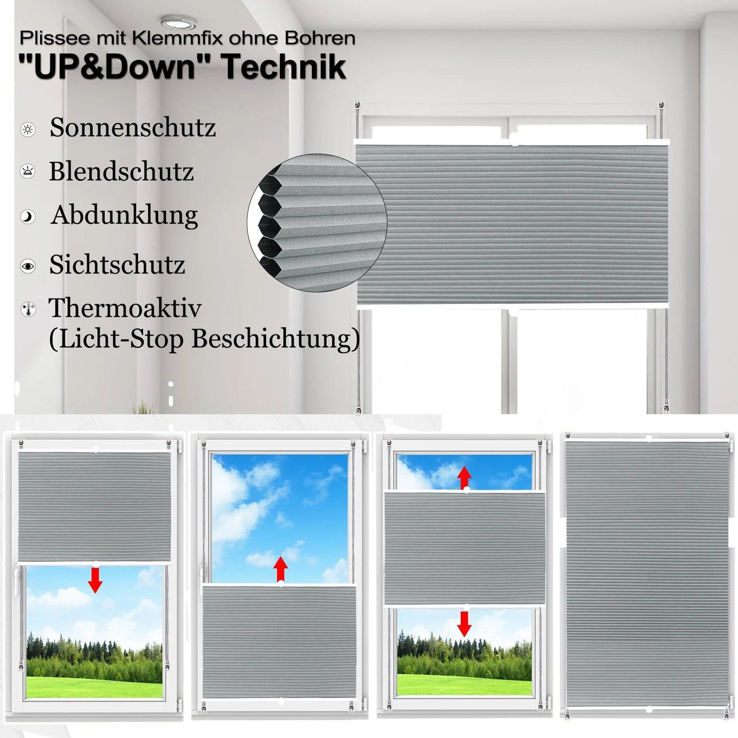 Waben - Plissee - Rollo: Anti - Solar - & Verdunkelungs - Rollo ohne Bohren für Fenster & Türen - ApolettaApoletta