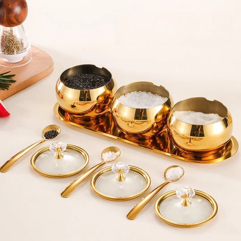 Gewürztöpfe aus Edelstahl: Gold - & Silber - Zuckerdose mit Deckel & Löffel - ApolettaApoletta