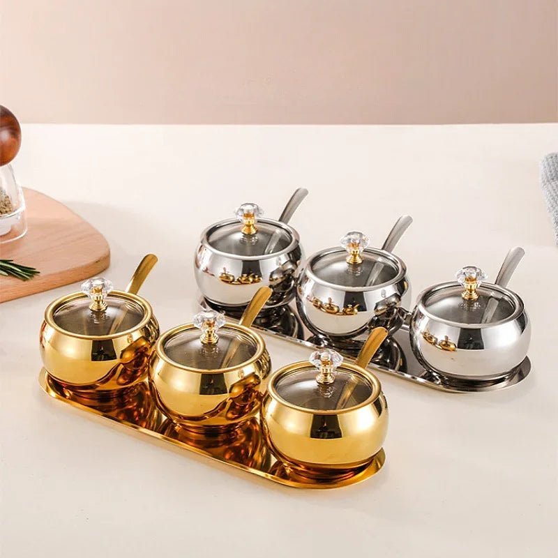Gewürztöpfe aus Edelstahl: Gold - & Silber - Zuckerdose mit Deckel & Löffel - ApolettaApoletta