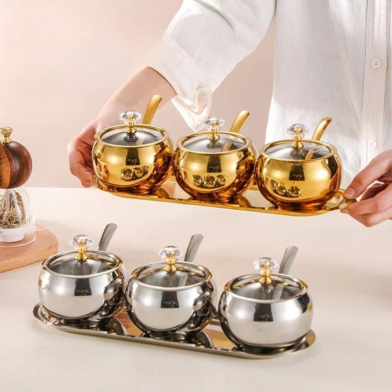 Gewürztöpfe aus Edelstahl: Gold - & Silber - Zuckerdose mit Deckel & Löffel - ApolettaApoletta