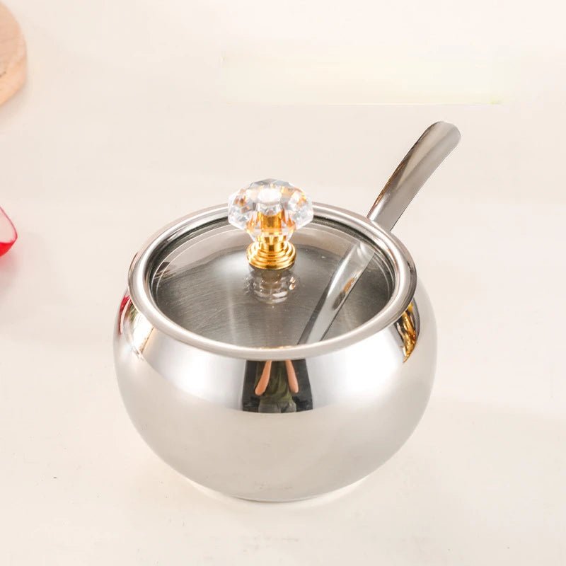 Gewürztöpfe aus Edelstahl: Gold - & Silber - Zuckerdose mit Deckel & Löffel - ApolettaApoletta
