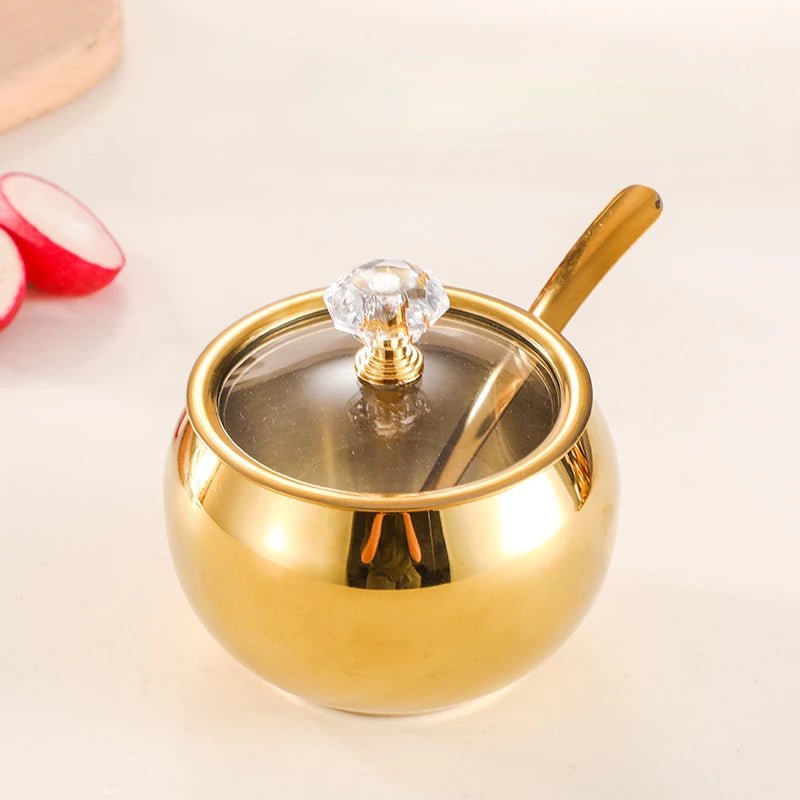 Gewürztöpfe aus Edelstahl: Gold - & Silber - Zuckerdose mit Deckel & Löffel - ApolettaApoletta