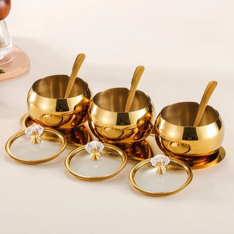 Gewürztöpfe aus Edelstahl: Gold - & Silber - Zuckerdose mit Deckel & Löffel - ApolettaApoletta